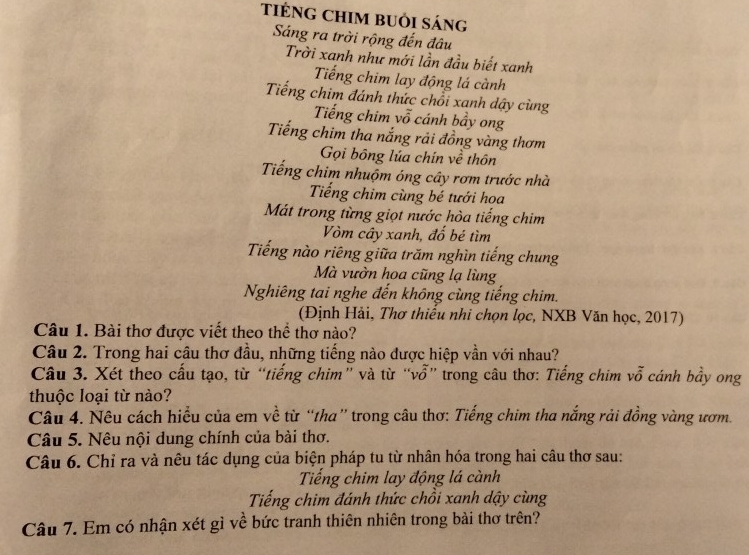 tiếng ChIM bUỏi sáng
Sáng ra trời rộng đến đâu
Trời xanh như mới lần đầu biết xanh
Tiếng chim lay động lá cành
Tiếng chim đánh thức chổi xanh dậy cùng
Tiếng chim vỗ cánh bầy ong
Tiếng chim tha nắng rải đồng vàng thơm
Gọi bông lúa chín về thôn
Tiếng chim nhuộm óng cây rơm trước nhà
Tiếng chim cùng bé tưới hoa
Mát trong từng giọt nước hòa tiếng chim
Vòm cây xanh, đổ bé tìm
Tiếng nào riêng giữa trăm nghìn tiếng chung
Mà vườn hoa cũng lạ lùng
Nghiêng tai nghe đến không cùng tiếng chim.
(Định Hải, Thơ thiểu nhi chọn lọc, NXB Văn học, 2017)
Câu 1. Bài thơ được viết theo thể thơ nào?
Câu 2. Trong hai câu thơ đầu, những tiếng nào được hiệp vần với nhau?
Câu 3. Xét theo cấu tạo, từ “tiếng chim” và từ “vỗ” trong câu thơ: Tiếng chim vỗ cánh bầy ong
thuộc loại từ nào?
Câu 4. Nêu cách hiểu của em về từ “tha” trong câu thơ: Tiếng chim tha nắng rải đồng vàng ươm.
Câu 5. Nêu nội dung chính của bài thơ.
Câu 6. Chỉ ra và nêu tác dụng của biện pháp tu từ nhân hóa trong hai câu thơ sau:
Tiếng chim lay động lá cành
Tiếng chim đánh thức chồi xanh dậy cùng
Câu 7. Em có nhận xét gì về bức tranh thiên nhiên trong bài thơ trên?