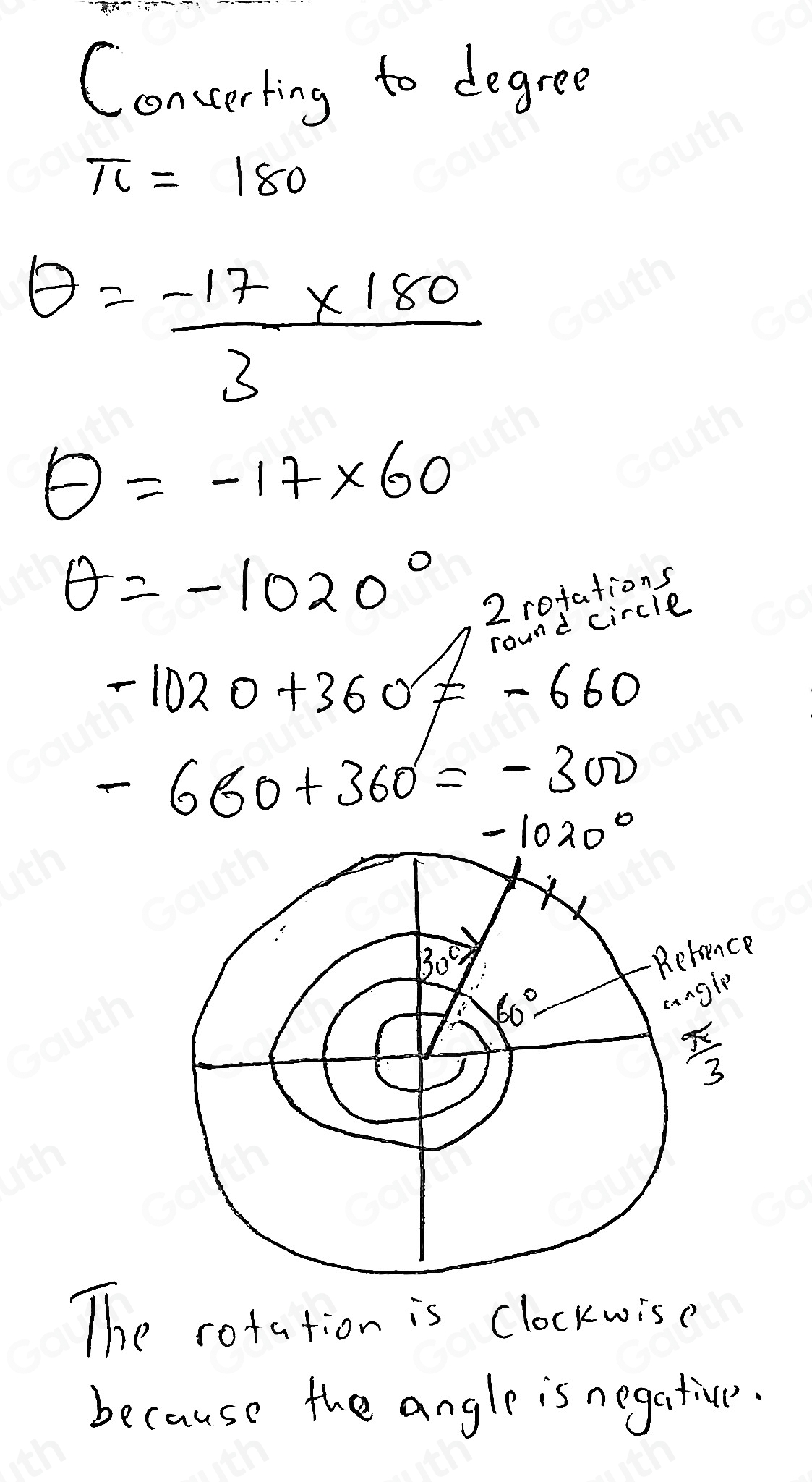 Concerting to degree
π =180
θ = (-17* 180)/3 
θ =-17* 60
θ =-1020°
2 rofations 
round circle
-1020+360!= -660
-660+360=-300
-1020°
The rotation is Clockwise 
because the angle is negatiul.