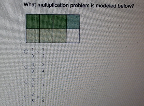 What multiplication problem is modeled below?
 1/3 *  1/2 
 3/8 *  3/4 
 3/4 *  1/2 
 3/5 *  1/4 