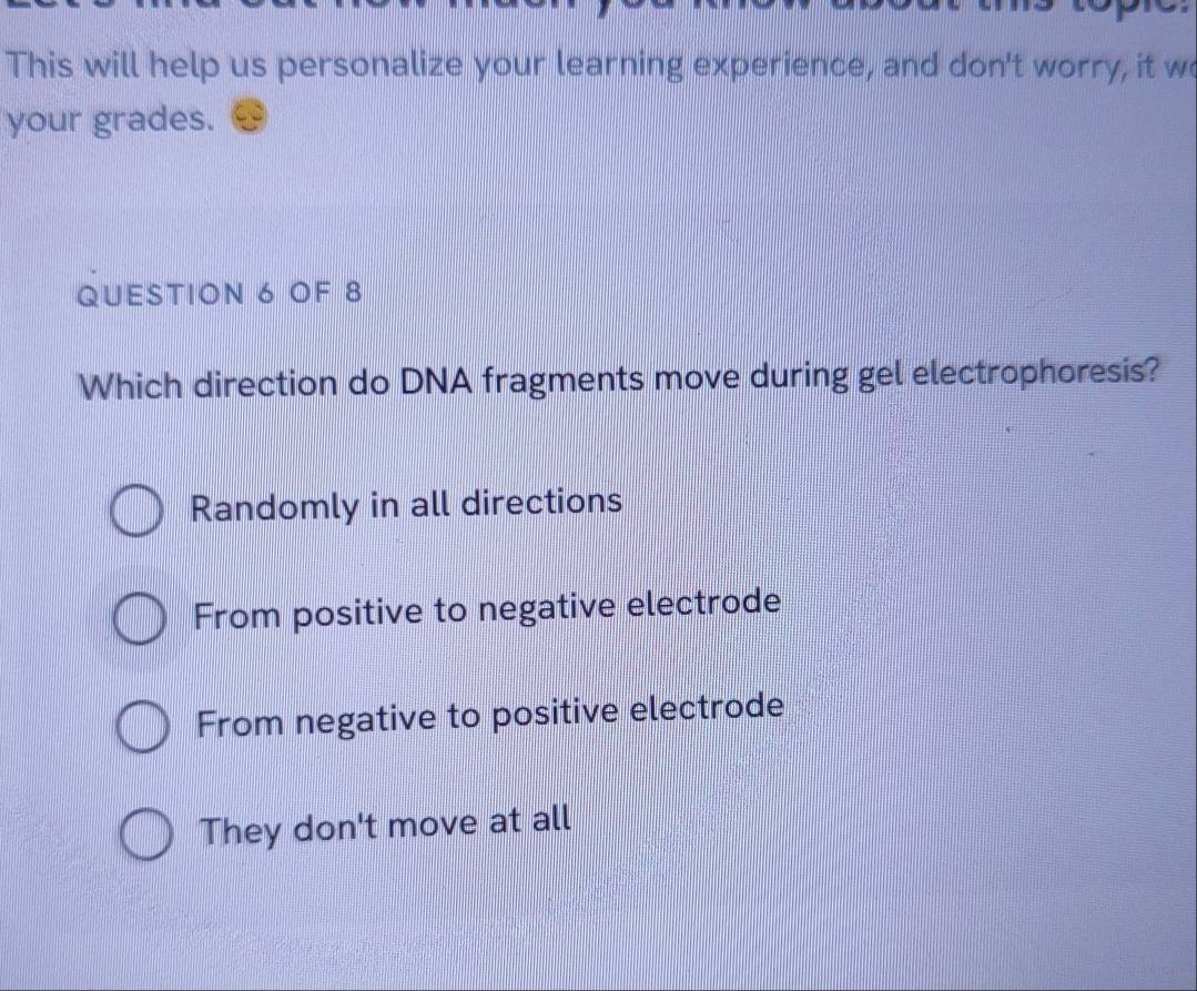 This will help us personalize your learning experience, and don't worry, it w
your grades.
QUESTION 6 OF 8
Which direction do DNA fragments move during gel electrophoresis?
Randomly in all directions
From positive to negative electrode
From negative to positive electrode
They don't move at all