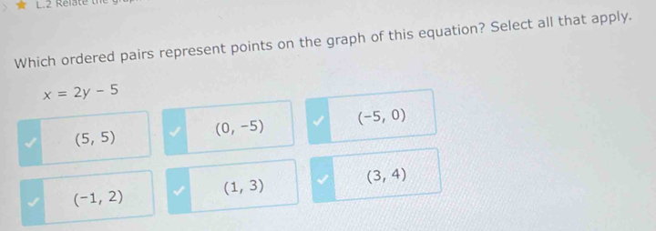 Which ordered pairs represent points on the graph of this equation? Select all that apply.
x=2y-5
(0,-5)
(-5,0)
(5,5)
(3,4)
(-1,2)
(1,3)