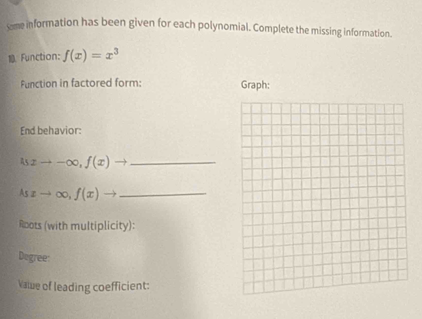 some information has been given for each polynomial. Complete the missing information.
1 Function: f(x)=x^3
Function in factored form: Graph:
End behavior:
_ usxto -∈fty , f(x)to
Asxto ∈fty , f(x)to _
Roots (with multiplicity):
Degree:
Vawe of leading coefficient: