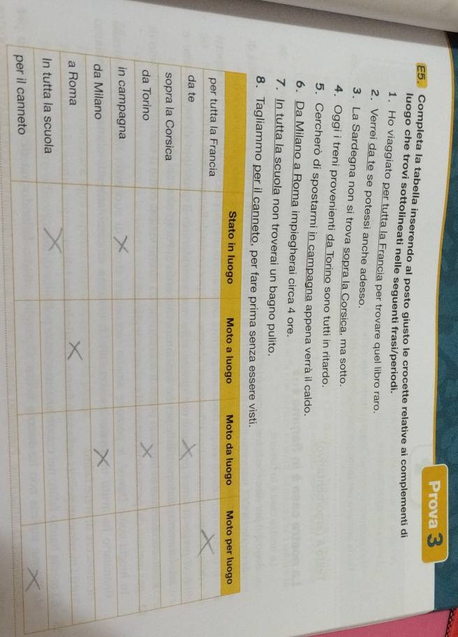 Prova 3 
E5. Completa la tabella inserendo al posto giusto le crocette relative ai complementi di 
luogo che trovi sottolineati nelle seguenti frasi/periodi. 
1. Ho viaggiato per tutta la Francia per trovare quel libro raro. 
2. Verrei da te se potessi anche adesso. 
3. La Sardegna non si trova sopra la Corsica, ma sotto. 
4. Oggi i treni provenienti da Torino sono tutti in ritardo. 
5. Cercherò di spostarmi in campagna appena verrà il caldo. 
6. Da Milano a Roma impiegherai circa 4 ore. 
7. In tutta la scuola non troverai un bagno pulito. 
8. Tagliammo per il canneto, per