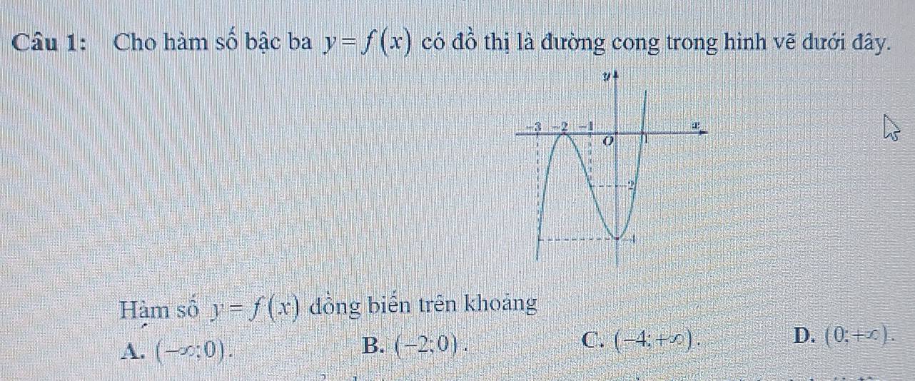 Cho hàm số bậc ba y=f(x) có đồ thị là đường cong trong hình vẽ đưới đây.
Hàm số y=f(x) dồng biến trên khoảng
B.
C.
A. (-∈fty ;0). (-2;0). (-4;+∈fty )
D. (0;+x).