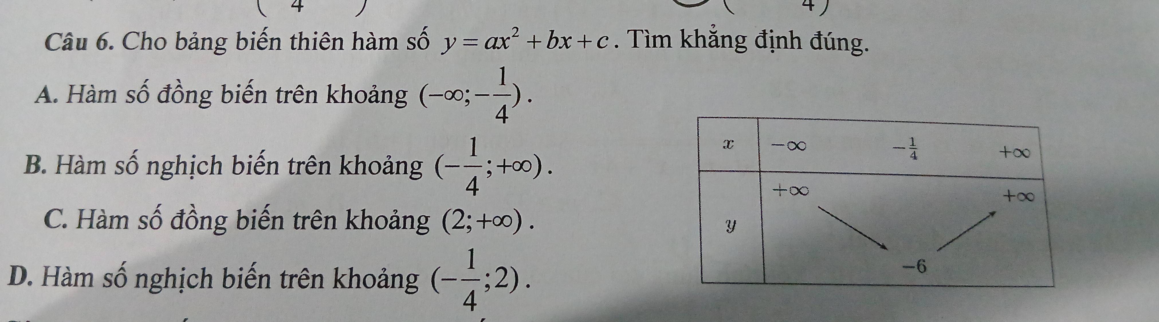 Cho bảng biến thiên hàm số y=ax^2+bx+c. Tìm khẳng định đúng.
A. Hàm số đồng biến trên khoảng (-∈fty ;- 1/4 ).
B. Hàm số nghịch biến trên khoảng (- 1/4 ;+∈fty ).
C. Hàm số đồng biến trên khoảng (2;+∈fty ).
D. Hàm số nghịch biến trên khoảng (- 1/4 ;2).