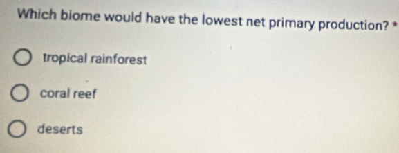 Which biome would have the lowest net primary production? *
tropical rainforest
coral reef
deserts