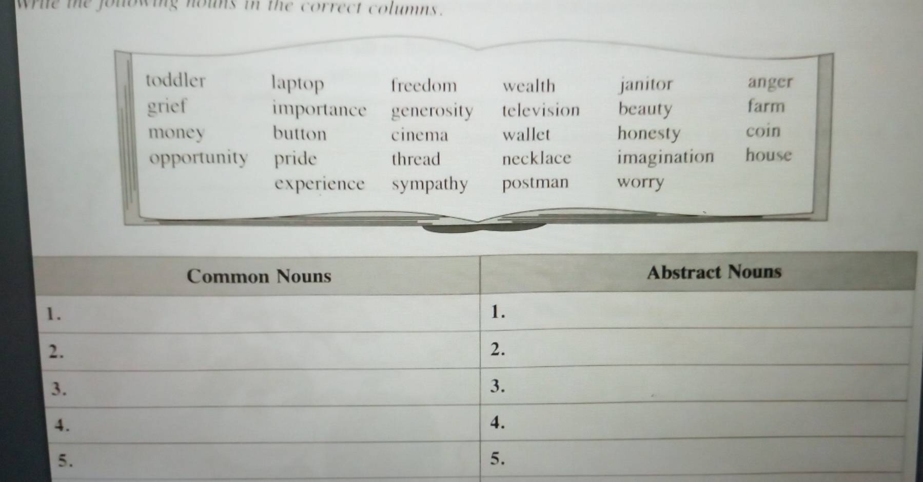 wrie me jonowing nouns in the correct columns . 
toddler laptop freedom wealth janitor anger 
grief importance generosity television beauty farm 
money button cinema wallet honesty 
coin 
opportunity pride thread necklace imagination house 
experience sympathy postman worry