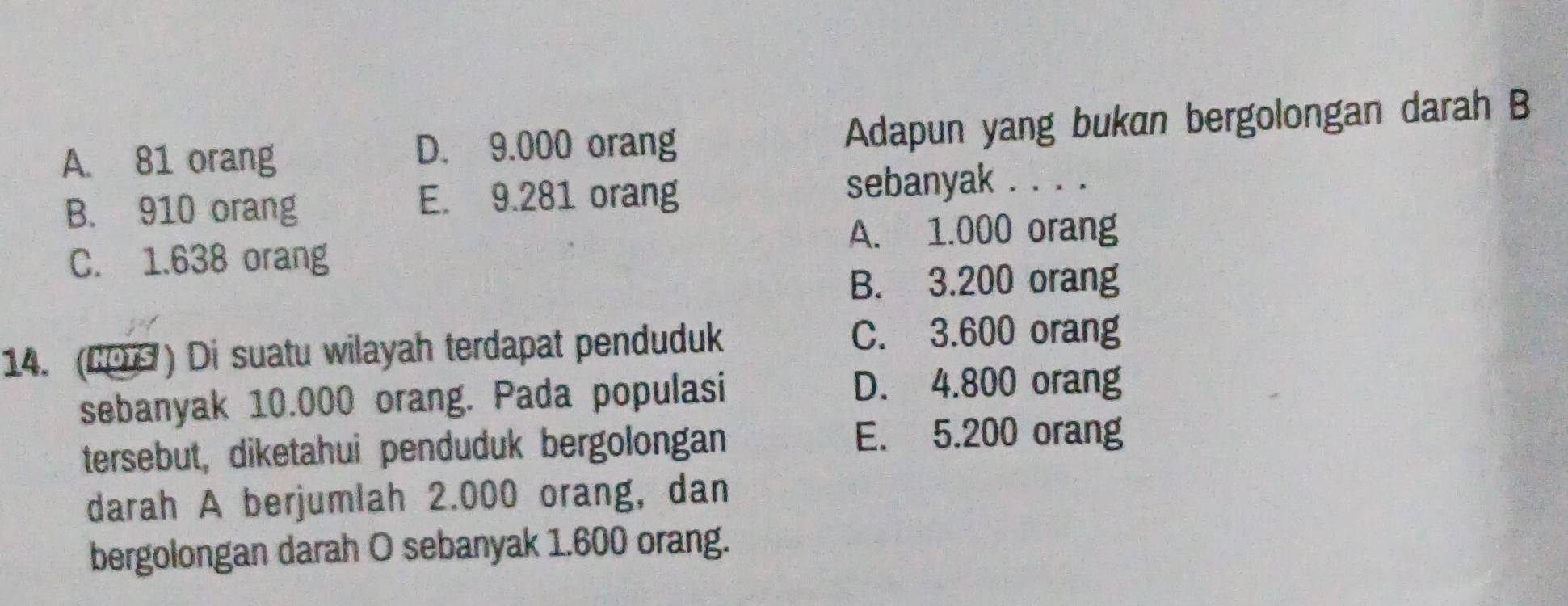 A. 81 orang Adapun yang bukan bergolongan darah B
D. 9.000 orang
B. 910 orang E. 9.281 orang sebanyak . . . .
A. 1.000 orang
C. 1.638 orang
B. 3.200 orang
14. (C0) Di suatu wilayah terdapat penduduk
C. 3.600 orang
sebanyak 10.000 orang. Pada populasi
D. 4.800 orang
tersebut, diketahui penduduk bergolongan E. 5.200 orang
darah A berjumlah 2.000 orang, dan
bergolongan darah O sebanyak 1.600 orang.