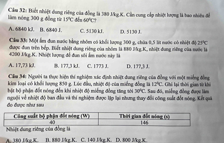 Biết nhiệt dung riêng của đồng là 380 J/kg.K. Cần cung cấp nhiệt lượng là bao nhiêu đề
làm nóng 300 g đồng từ 15°C đến 60°C ?
A. 6840 kJ. B. 6840 J. C. 5130 kJ. D. 5130 J.
Câu 33: Một ẩm đun nước bằng nhôm có khối lượng 300 g, chứa 0,5 lít nước có nhiệt độ 25°C
được đun trên bếp. Biết nhiệt dung riêng của nhôm là 880 J/kg.K, nhiệt dung riêng của nước là
4200 J/kg.K. Nhiệt lượng để đun sôi ấm nước này là
A. 17,73 kJ. B. 177,3 kJ. C. 1773 J. D. 177,3 J.
Câu 34: Người ta thực hiện thí nghiệm xác định nhiệt dung riêng của đồng với một miếng đồng
kim loại có khối lượng 850 g. Lúc đầu, nhiệt độ của miếng đồng là 12°C. Ghi lại thời gian từ khi
bật bộ phận đốt nóng đến khi nhiệt độ miếng đồng tăng tới 30°C. Sau đó, miếng đồng được làm
nguội về nhiệt độ ban đầu và thí nghiệm được lặp lại nhưng thay đổi công suất đốt nóng. Kết quả
đo được như sau
Nhiệt dung riêng của đồng là
A. 380 J/kg.K. B. 880 J/kg.K. C. 140 J/kg.K. D. 800 J/kg.K.