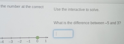 the number at the correct Use the interactive to solve. 
What is the difference between -5 and 3?
-4