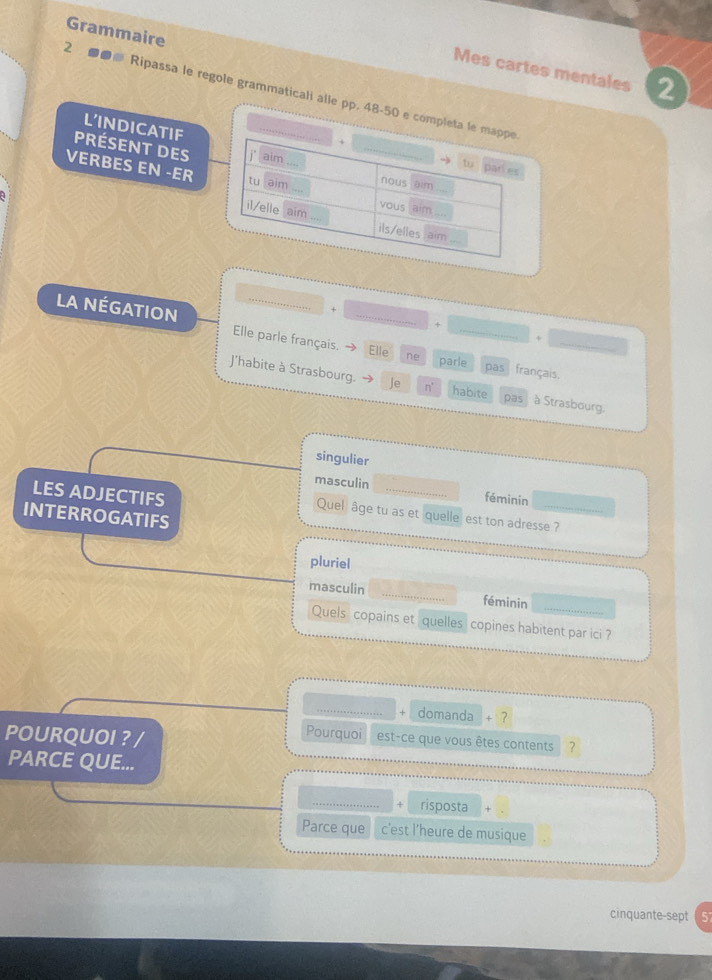 Grammaire
Mes cartes mentales 2
2 ● Ripassa le regole grammaticali alle pp. 4
LINDICATIF
PRéSENT DEs
VERBES EN -ER
+
la néGAtIOn Elle parle français. _Elle ne parle pas français._
+
J'habite à Strasbourg. Je n° habite pas à Strasbourg.
singulier
masculin _féminin
LES ADJECTIFS
INTERROGATIFS
Quel âge tu as et quelle est ton adresse ?
pluriel
masculin _féminin_
Quels copains et quelles copines habitent par ici ?
_
domanda + ?
POURQUOI ? /
Pourquoi est-ce que vous êtes contents ？
PARCE QUE...
_risposta
Parce que c'est l’heure de musique
cinquante-sept 57