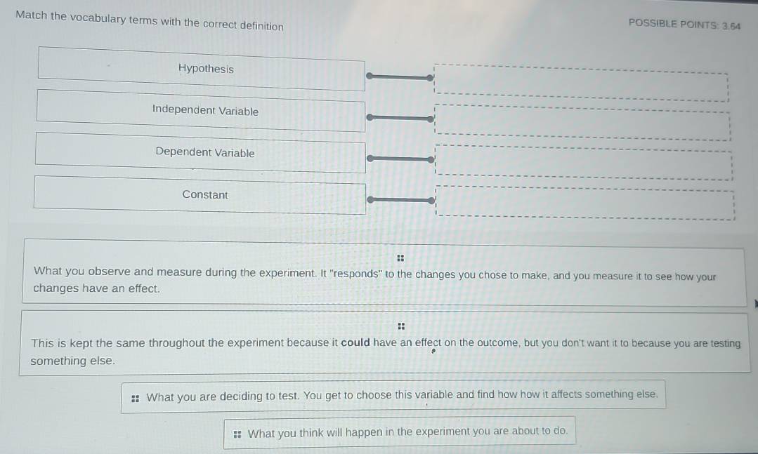 Match the vocabulary terms with the correct definition
POSSIBLE POINTS: 3.64
Hypothesis
Independent Variable
Dependent Variable
Constant
::
What you observe and measure during the experiment. It "responds" to the changes you chose to make, and you measure it to see how your
changes have an effect.
This is kept the same throughout the experiment because it could have an effect on the outcome, but you don't want it to because you are testing
something else.
:: What you are deciding to test. You get to choose this variable and find how how it affects something else.
What you think will happen in the experiment you are about to do.