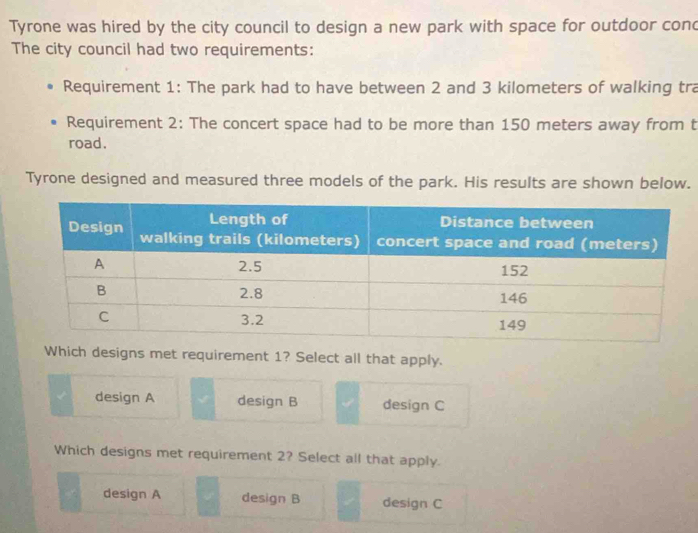 Tyrone was hired by the city council to design a new park with space for outdoor cond
The city council had two requirements:
Requirement 1: The park had to have between 2 and 3 kilometers of walking tra
Requirement 2: The concert space had to be more than 150 meters away from t
road.
Tyrone designed and measured three models of the park. His results are shown below.
Which designs met requirement 1? Select all that apply.
design A design B design C
Which designs met requirement 2? Select all that apply.
design A design B design C