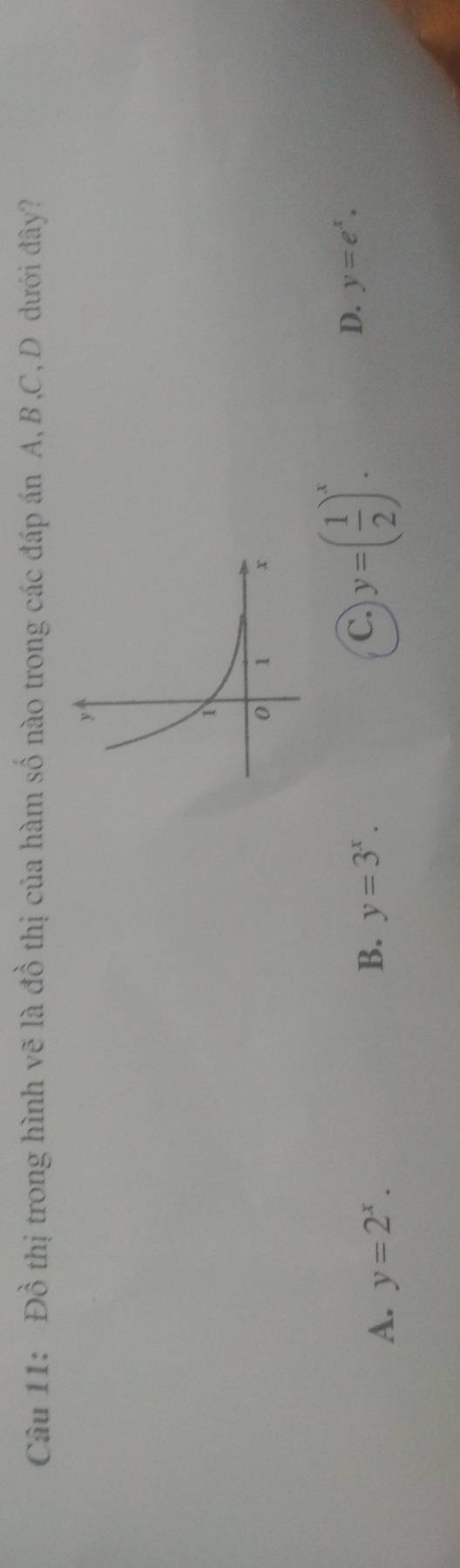 Đồ thị trong hình vẽ là đồ thị của hàm số nào trong các đáp án A, B , C, D dưới đây?
A. y=2^x.
B. y=3^x.
C. y=( 1/2 )^x.
D. y=e^x.