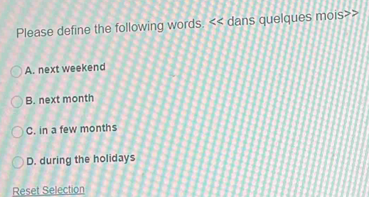 Please define the following words. << dans quelques mois
 A. next weekend
B. next month
C. in a few months
D. during the holidays
Reset Selection