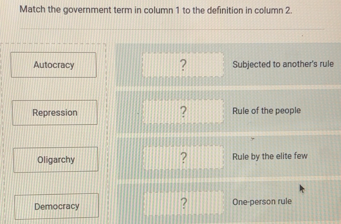 Solved: Match the government term in column 1 to the definition in ...