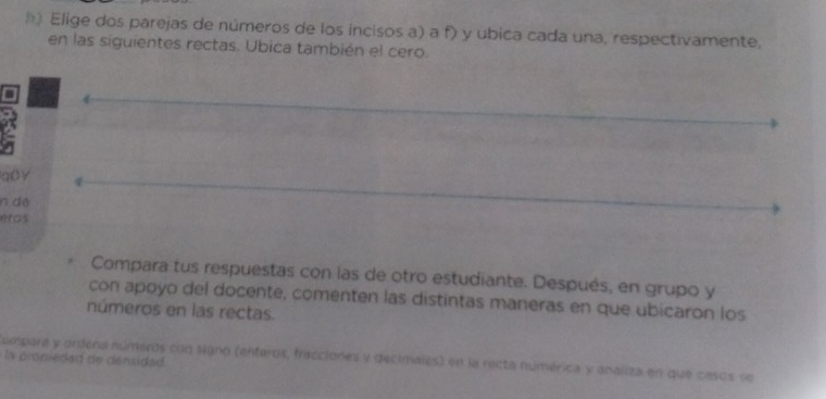 Elige dos parejas de números de los incisos a) a f) y úbica cada una, respectivamente, 
en las siguientes rectas. Ubica también el cero. 
q0Y 
n de 
Compara tus respuestas con las de otro estudiante. Después, en grupo y 
con apoyo del docente, comenten las distintas maneras en que ubicaron los 
números en las rectas. 
In proniedad de densidad 
ampara y ordena números con signo (enteros, fracciones y decimalés) en la recta númérica y analiza en que casos se