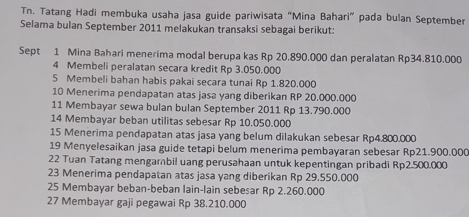 Tn. Tatang Hadi membuka usaha jasa guide pariwisata “Mina Bahari” pada bulan September 
Selama bulan September 2011 melakukan transaksi sebagai berikut: 
Sept 1 Mina Bahari menerima modal berupa kas Rp 20.890.000 dan peralatan Rp34.810.000
4 Membeli peralatan secara kredit Rp 3.050.000
5 Membeli bahan habis pakai secara tunai Rp 1.820.000
10 Menerima pendapatan atas jasa yang diberikan RP 20.000.000
11 Membayar sewa bulan bulan September 2011 Rp 13.790.000
14 Membayar beban utilitas sebesar Rp 10.050.000
15 Menerima pendapatan atas jasa yang belum dilakukan sebesar Rp4.800.000
19 Menyelesaikan jasa guide tetapi belum menerima pembayaran sebesar Rp21.900.000
22 Tuan Tatang mengambil uang perusahaan untuk kepentingan pribadi Rp2.500.000
23 Menerima pendapatan atas jasa yang diberikan Rp 29.550.000
25 Membayar beban-beban lain-lain sebesar Rp 2.260.000
27 Membayar gaji pegawai Rp 38.210.000