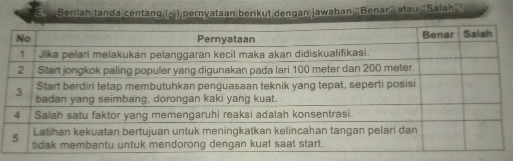 Est Berilah tanda centang (△) pernyataan berikut dengan jawaban “Benar” atau “Salah”