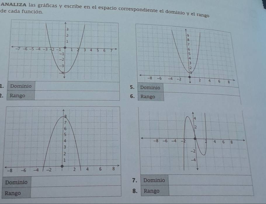 ANALIZA las gráficas y escribe en el espacio correspondiente el dominio y el rango 
de cada función. 
5. 
1. Dominio Dominio 
2. Rango 6. Rango 
8
7
6
5
4
3
2
1
-8 -6 -4 -2 1 2 4 6 8 
Dominio 7. Dominio 
8. 
Rango Rango