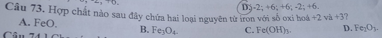 2, 10.
D, -2; +6; +6; -2; +6.
Câu 73. Hợp chất nào sau đây chứa hai loại nguyên tử iron với số oxi hoá +2 va+3 ?
A. FeO. B. Fe_3O_4. 
Cân 74 1
C. Fe(OH)_3.
D. Fe_2O_3.