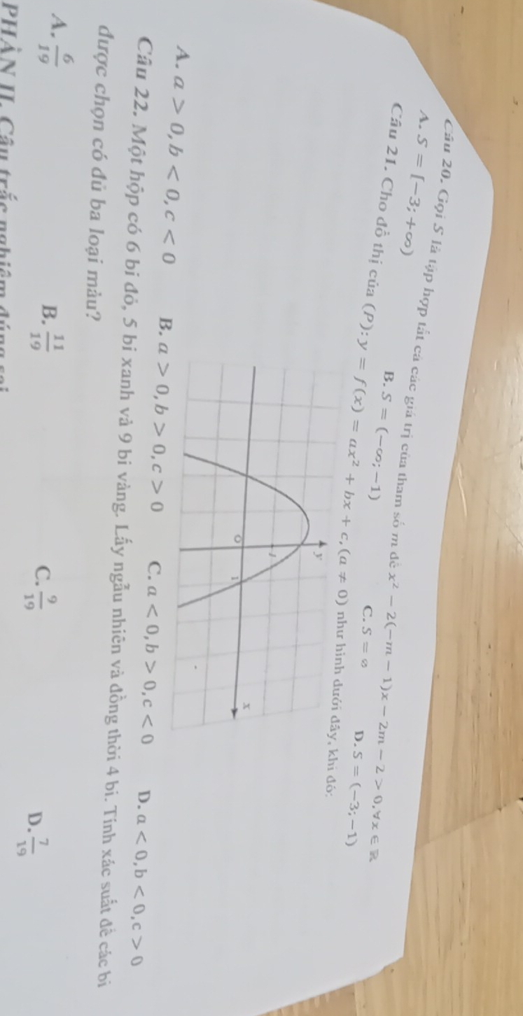 A. S=[-3;+∈fty )
Câu 20. Gọi S là tập hợp tắt cả các giá trị của tham số m đề x^2-2(-m-1)x-2m-2>0, forall x∈ R C. S=∈fty D. S=(-3;-1)
B. S=(-∈fty ;-1)
Câu 21. Cho đồ thị cia(P):y=f(x)=ax^2+bx+c, (a!= 0) i đó:
A. a>0, b<0</tex>, c<0</tex> B. a>0, b>0, c>0 C. a<0</tex>, b>0, c<0</tex> D. a<0</tex>, b<0</tex>, c>0
Câu 22. Một hộp có 6 bi đỏ, 5 bi xanh và 9 bi vàng. Lấy ngẫu nhiên và đồng thời 4 bi. Tính xác suất đề các bi
được chọn có đủ ba loại màu?
A.  6/19 
B.  11/19 
C.  9/19 
D.  7/19 
PHÀN II. Câu trắc nghiên