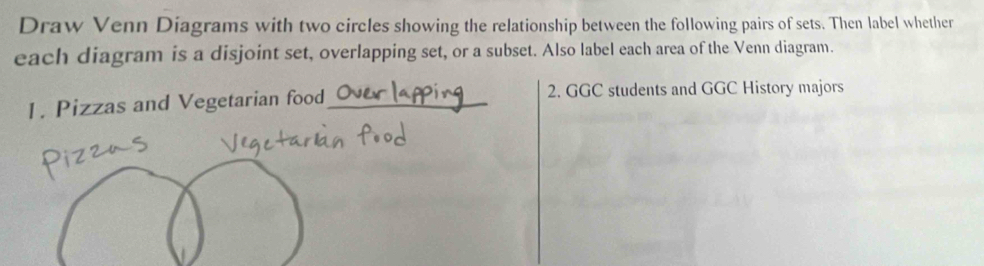 Draw Venn Diagrams with two circles showing the relationship between the following pairs of sets. Then label whether 
each diagram is a disjoint set, overlapping set, or a subset. Also label each area of the Venn diagram. 
1. Pizzas and Vegetarian food_ 2. GGC students and GGC History majors