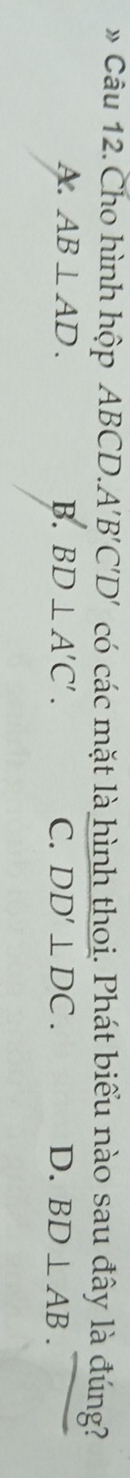 » Câu 12. Cho hình hộp ABCD. A'B'C'D' có các mặt là hình thoi. Phát biểu nào sau đây là đúng?
A. AB⊥ AD. B. BD⊥ A'C'. C. DD'⊥ DC. D. BD⊥ AB.