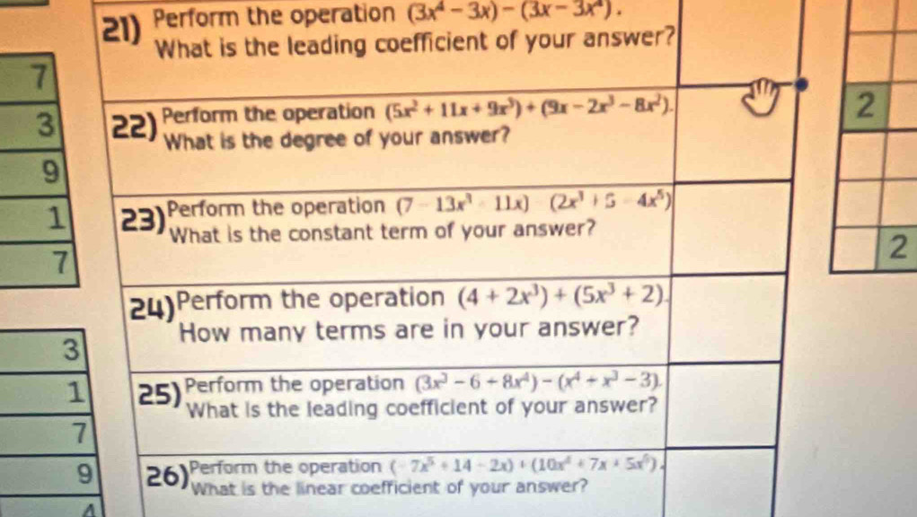 Perform the operation (3x^4-3x)-(3x-3x^4).
2
2
A