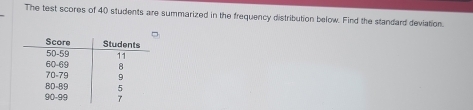 The test scores of 40 students are summarized in the frequency distribution below. Find the standard deviation.