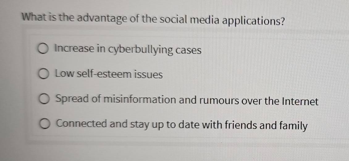 What is the advantage of the social media applications?
Increase in cyberbullying cases
Low self-esteem issues
Spread of misinformation and rumours over the Internet
Connected and stay up to date with friends and family