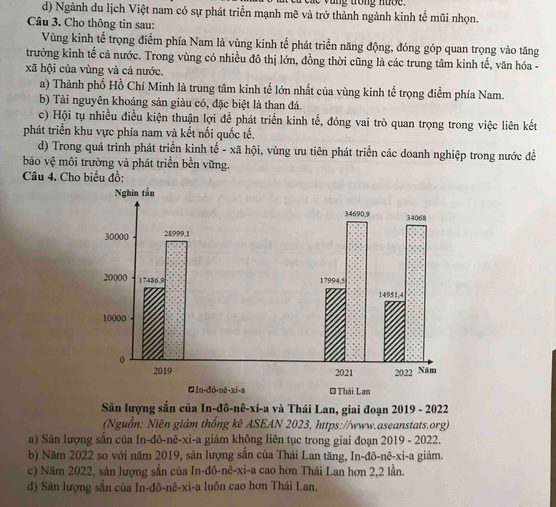 Ngành du lịch Việt nam có sự phát triển mạnh mẽ và trở thành ngành kinh tế mũi nhọn.
Câu 3. Cho thông tin sau:
Vùng kinh tế trọng điểm phía Nam là vùng kinh tế phát triển năng động, đóng góp quan trọng vào tăng
trưởng kinh tế cả nước. Trong vùng có nhiều đô thị lớn, đồng thời cũng là các trung tâm kinh tế, văn hóa -
xã hội của vùng và cả nước.
a) Thành phố Hồ Chí Minh là trung tâm kinh tế lớn nhất của vùng kinh tế trọng điểm phía Nam.
b) Tài nguyên khoáng sản giàu có, đặc biệt là than đá.
c) Hội tụ nhiều điều kiện thuận lợi để phát triển kinh tế, đóng vai trò quan trọng trong việc liên kết
phát triển khu vực phía nam và kết nối quốc tế.
d) Trong quá trình phát triển kinh tế - xã hội, vùng ưu tiên phát triển các doanh nghiệp trong nước đề
bảo vệ môi trường và phát triển bền vững.
Câu 4. Cho biểu đồ:
Sản lượng sắn của In-đô-nê-xi-a và Thái Lan, giai đoạn 2019 - 2022
(Nguồn: Niên giám thống kê ASEAN 2023, https://www.aseanstats.org)
a) Sản lượng sắn của In-đô-nê-xi-a giảm không liên tục trong giai đoạn 2019 - 2022.
b) Năm 2022 so với năm 2019, sản lượng sắn của Thái Lan tăng, In-đô-nê-xi-a giảm.
c) Năm 2022, sản lượng sắn của In-đô-nê-xi-a cao hơn Thái Lan hơn 2,2 lần.
d) Sản lượng sắn của In-đô-nê-xi-a luôn cao hơn Thái Lan.