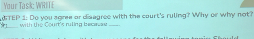 Your Task: WRITE 
STEP 1: Do you agree or disagree with the court’s ruling? Why or why not? 
_with the Court's ruling because_ .
