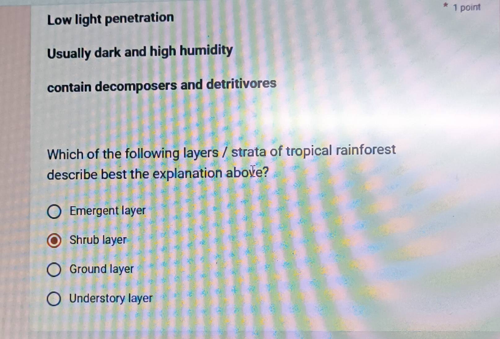 Low light penetration
Usually dark and high humidity
contain decomposers and detritivores
Which of the following layers / strata of tropical rainforest
describe best the explanation above?
Emergent layer
Shrub layer
Ground layer
Understory layer