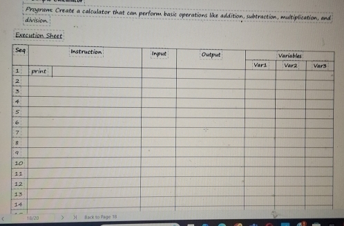 Program: Create a calculator that can perform basic operations like addition, subtraction, multiplication, and 
division 
Execution Sheet 
( 1B/20  Back to Page 1li