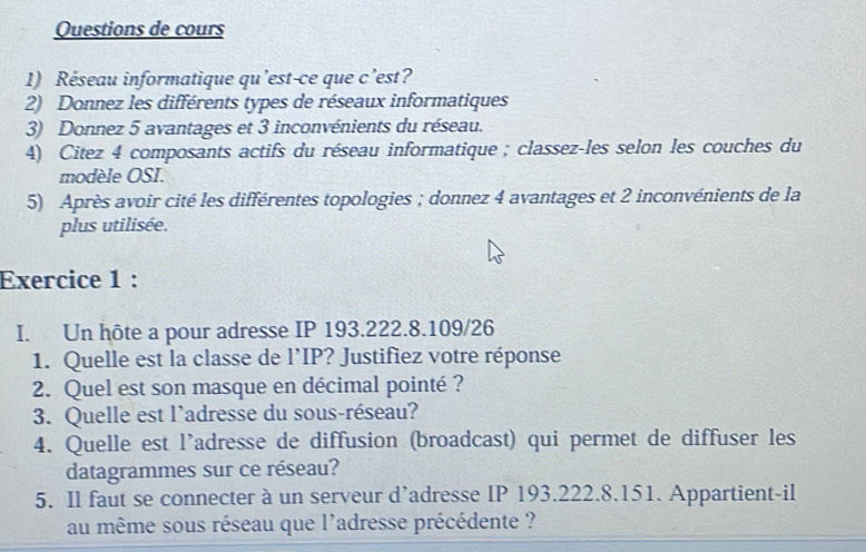 Solved: Questions de cours 1) Réseau informatique qu’est-ce que c’est ...
