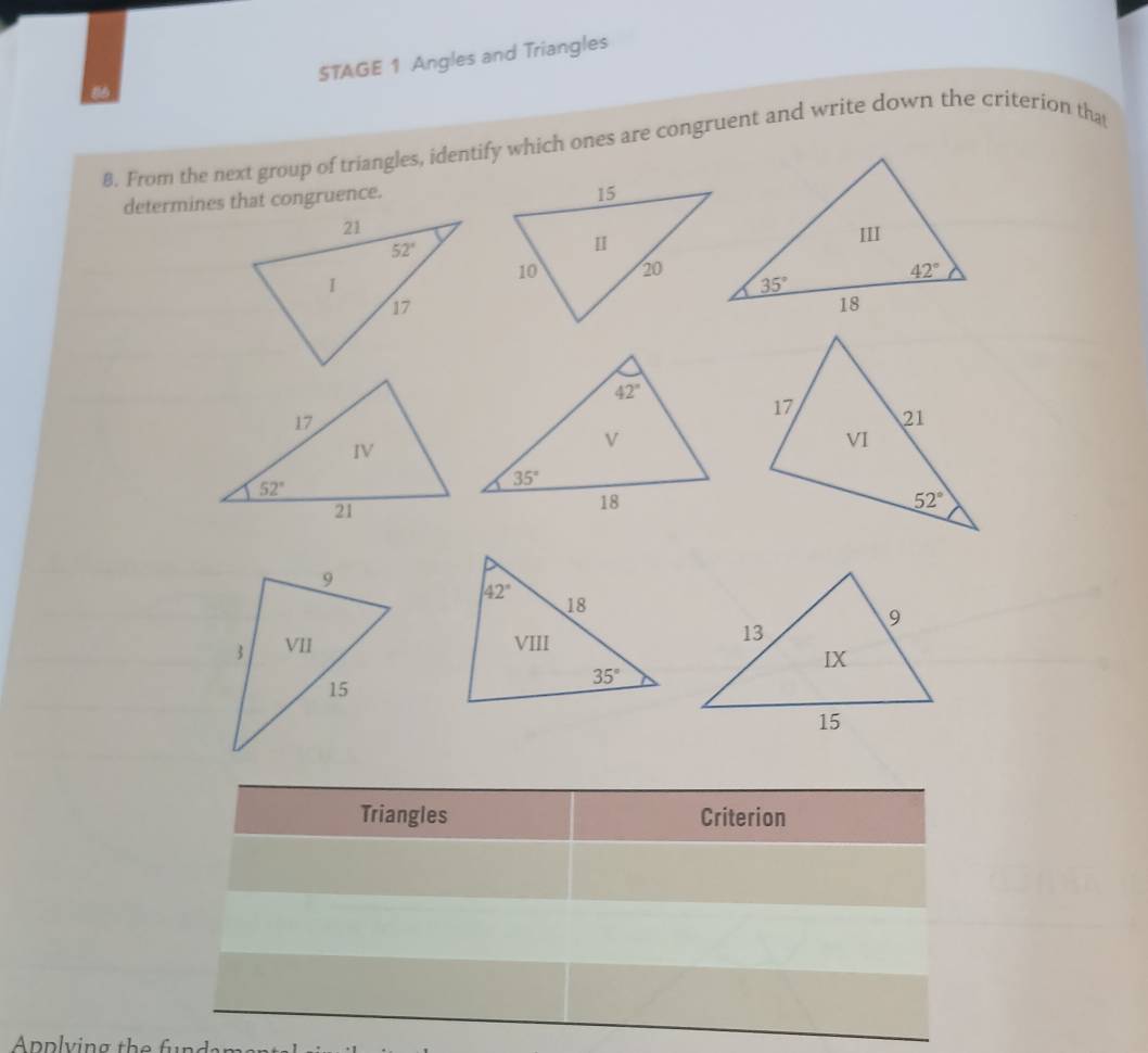 STAGE 1 Angles and Triangles
8. From the next group of triangles, identify which ones are congruent and write down the criterion tha
determines that congruence.
 
Triangles Criterion
Apply ing the fun