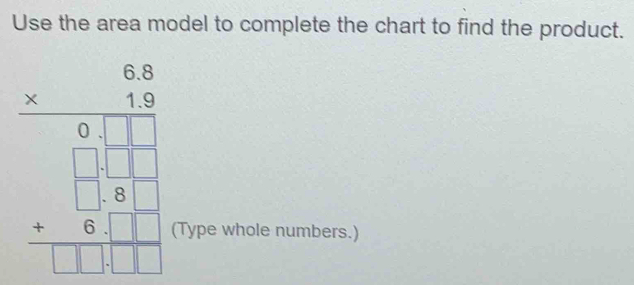 Use the area model to complete the chart to find the product.
beginarrayr 46 -2□  -1- 4/5  -frac 14 -1 hline -1+ 1/5 -1 hline -1+ 1/5 -1endarray
Type whole numbers.)