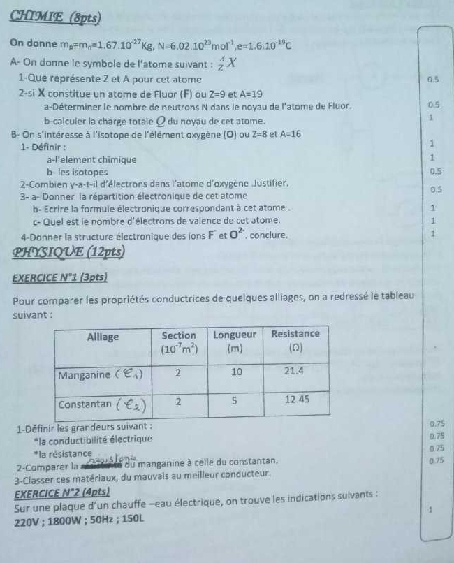 CHIMIE (8pts)
On donne m_p=m_n=1.67.10^(-27)Kg,N=6.02.10^(23)mol^(-1),e=1.6.10^(-19)C
A- On donne le symbole de l’atome suivant : _z^(AX
1-Que représente Z et A pour cet atome 0.5
2-si X constitue un atome de Fluor (F) ou Z=9 et A=19
a-Déterminer le nombre de neutrons N dans le noyau de l'atome de Fluor. 0.5
b-calculer la charge totale Q du noyau de cet atome.
1
B- On s'intéresse à l'isotope de l'élément oxygène (O) ou Z=8 et A=16
1- Définir :
1
a-l'element chimique
1
b- les isotopes 0.5
2-Combien y-a-t-il d'électrons dans l'atome d'oxygène Justifier. 0.5
3- a- Donner la répartition électronique de cet atome
b- Ecrire la formule électronique correspondant à cet atome . 1
c- Quel est le nombre d'électrons de valence de cet atome.
1
4- Donner la structure électronique des ions F° et O^2-). conclure. 1
PHYSIQUE (12pts)
EXERCICE N°1 (3pts)
Pour comparer les propriétés conductrices de quelques alliages, on a redressé le tableau
suivant :
1-Définir les grandeurs s0.75
*la conductibilité électrique 0.75
*la résistance 0.75
2-Comparer la C nté du manganine à celle du constantan. 0.75
3-Classer ces matériaux, du mauvais au meilleur conducteur.
EXERCICE N°2 (4pts)
Sur une plaque d’un chauffe —eau électrique, on trouve les indications suivants :
220V ; 1800W ; 50Hz ; 150L 1