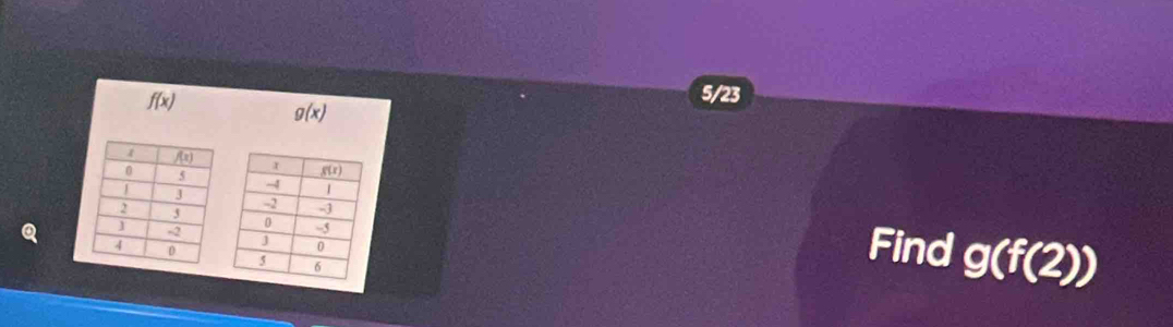 f(x)
5/23
g(x)
Find g(f(2))