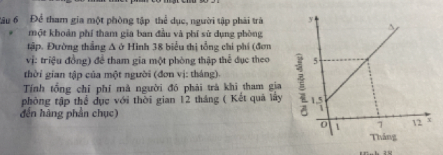 Đâu 6 Để tham gia một phòng tập thể dục, người tập phải trà 
một khoản phí tham gia ban đầu và phí sử dụng phòng 
tập. Đường thẳng A ở Hinh 38 biểu thị tổng chi phí (đơn 
vị: triệu đồng) để tham gia một phòng thập thể đục theo 
thời gian tập của một người (đơn vị: tháng). 
Tính tổng chỉ phí mà người đó phải trà khi tham gia 
phòng tập thể dục với thời gian 12 tháng ( Kết quả lấy 
đến hàng phần chục)