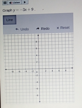 Listen 
Graph y=-3x+9. 
Line 
Undo Redo × Reset