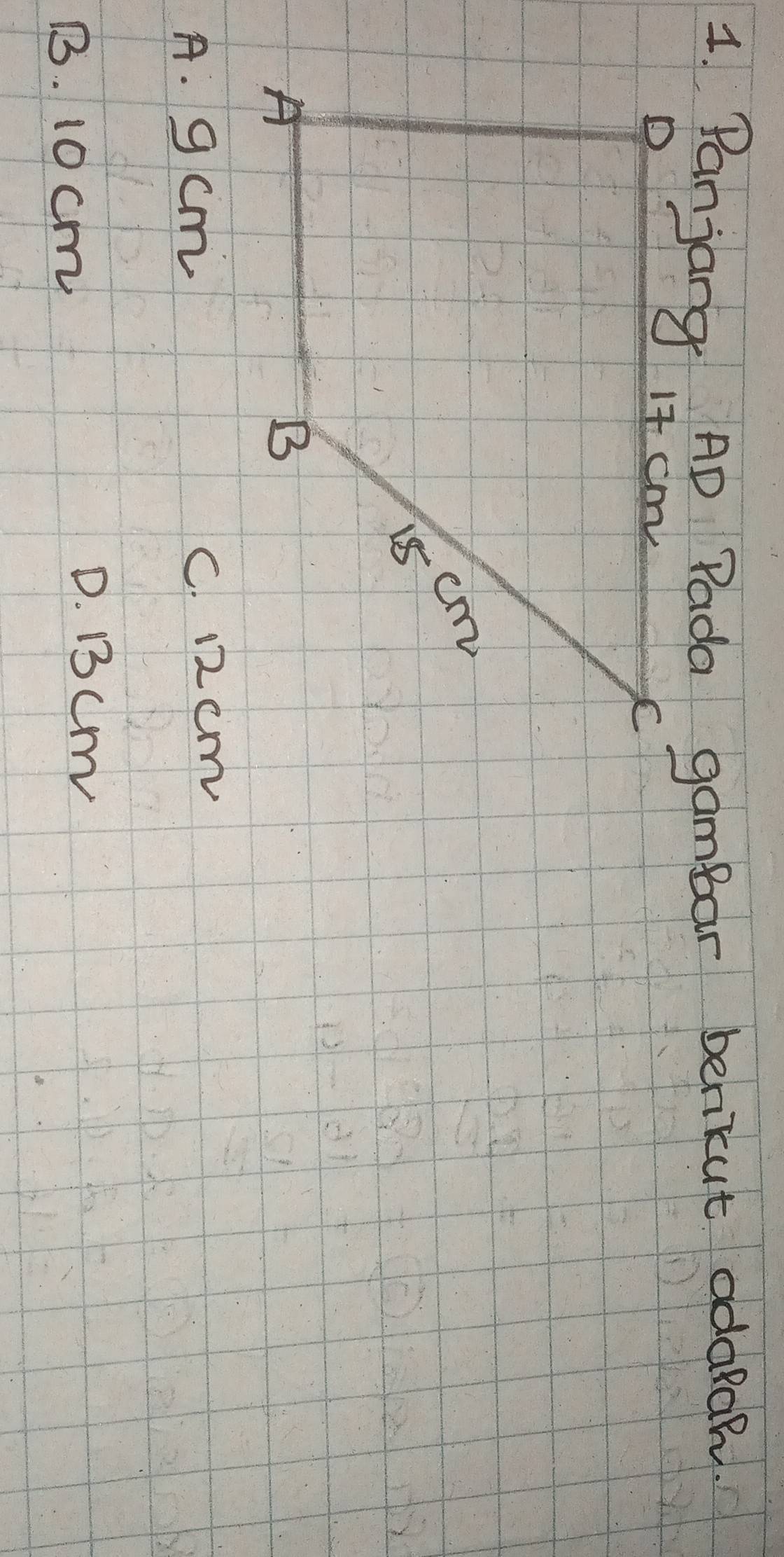 AD Pada gambar berikut adaah.
A. g cm C. 12cm
B. 10 cm
D. 1um