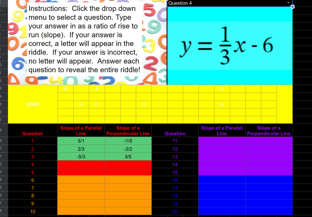 Instructions: Click the drop down 
menu to select a question. Type 
your answer in as a ratio of rise to 
run (slope). If your answer is 
correct, a letter will appear in the 
riddle. If your answer is incorrect, 
no letter will appear. Answer each
y= 1/3 x-6
question to reveal the entire riddle! 
W A
1
5
7
9
D
2
3
4
5
6
B 10 20