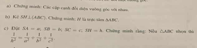 Chứng minh: Các cặp cạnh đối diện vuông góc với nhau. 
b) Kẻ SH⊥ (ABC). Chứng minh: H là trực tâm △ ABC. 
c) Đặt SA=a; SB=b; SC=c; SH=h. Chứng minh rằng: Nếu △ ABC nhọn thì
 1/h^2 = 1/a^2 + 1/b^2 + 1/c^2 .