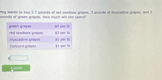 Meg wants to buy 2.7 pounds of red seedless grapes, 3 pounds of muscadine grapes, and 3
bounds of green grapes. How much will she spend?
5
Submit