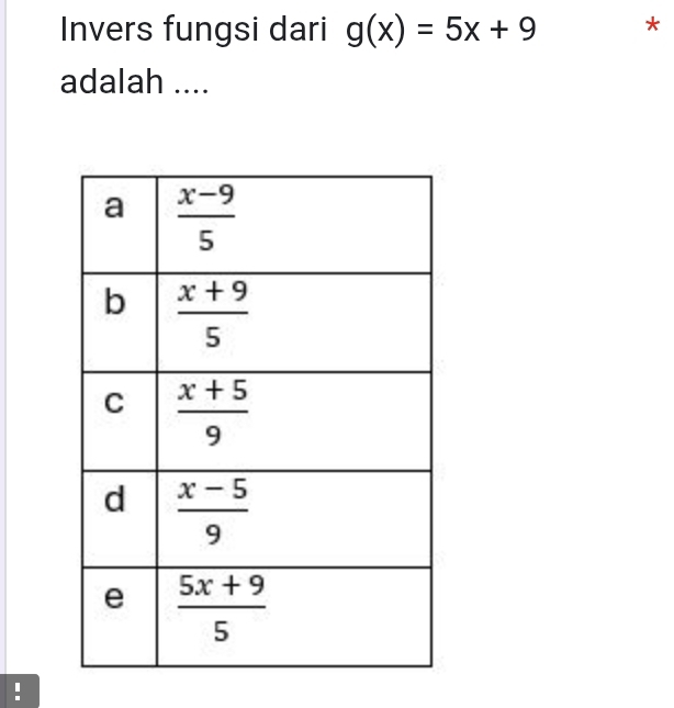 Invers fungsi dari g(x)=5x+9 *
adalah ....
!