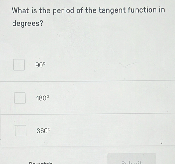 What is the period of the tangent function in
degrees?
90°
180°
360°
Submit