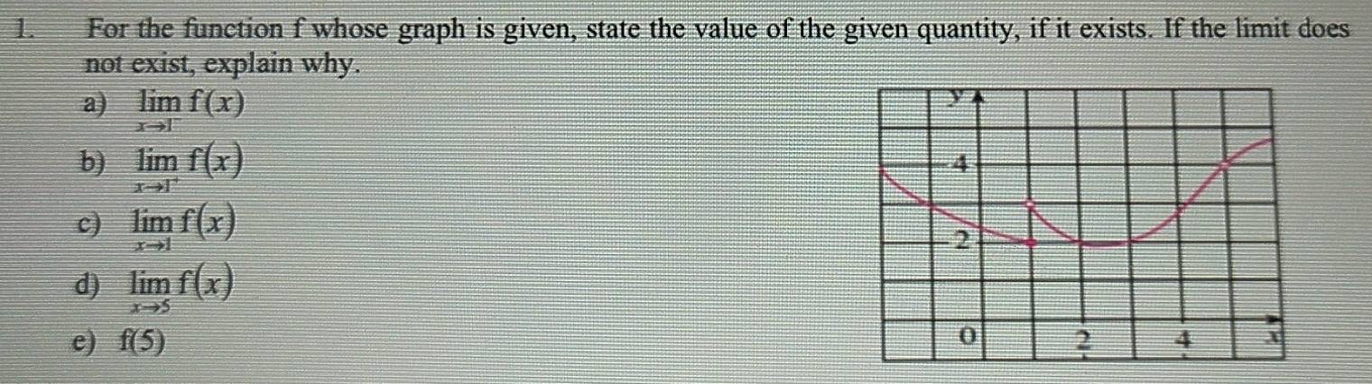 For the function f whose graph is given, state the value of the given quantity, if it exists. If the limit does
not exist, explain why.
a) limlimits _xto 1^-f(x)
b) limlimits _xto 1^+f(x)
c) limlimits _xto 1f(x)
d) limlimits _xto 5f(x)
c) f(5)