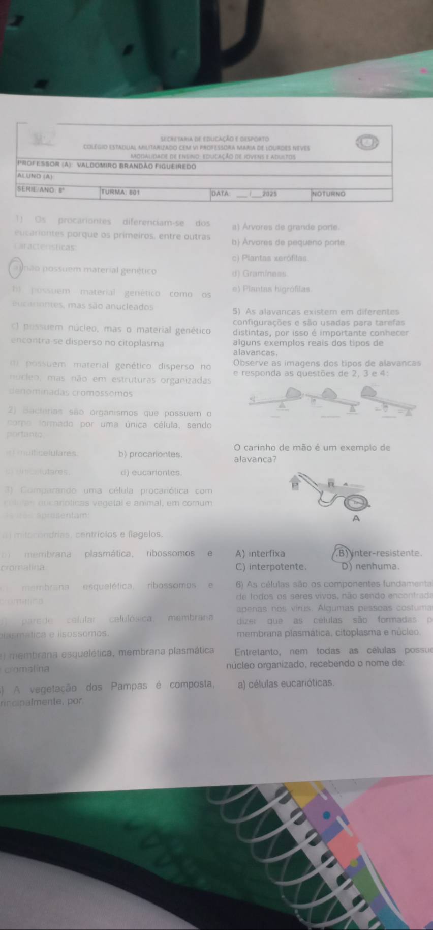 1! Os procariontes diferenciam-se dos a) Árvores de grande porie.
eucariontes porque os primeiros, entre outras b) Árvores de pequeno porte
Características
c) Plantas xerófilas
anao possuem material genético d) Gramineas
b) possuem  material genético como os e) Plantas higrófilas
eucariontes, mas são anucleados
5) As alavancas existem em diferentes
configurações e são usadas para tarefas
) possuem núcleo, mas o material genético distintas, por isso é importante conhecer
encontra-se disperso no citoplasma alguns exemplos reais dos tipos de
alavancas.
1  possuem material genético disperso no Observe as imagens dos tipos de alavancas
e responda as questões de 2, 3 e 4:
nucleo, mas não em estruturas organizadas
denominadas cromossomos
2) Bactórias são organismos que possuem o
como formado por uma única célula, sendo
portanto.
O carinho de mão é um exemplo de
= multicelulares b) procariontes. alavanca?
unticulutares. d) eucarionles.
3) Comparando uma célula procariótica com
cólian encanólicas vegetal e animal, em comum
as es aprasentam:
A
(  mitocondrias, centríolos e flagelos.
b   membrana plasmática, ribossomos e A) interfixa B) inter-resistente.
cromalina C) interpotente. D) nenhuma.
membrana esquelética,  ribossomos e 6) As células são os componentes fundamenta
comatns de todos os seres vivos, não sendo encontrada
apenas nos vírus. Algumas pessoas costuma
parede celular celulósica, membrana dizer que as células são formadas p
lasmática e iisossomos. membrana plasmática, citoplasma e núcleo.
e   m embrana esquelética, membrana plasmática Entretanto, nem todas as células possue
cromalína núcleo organizado, recebendo o nome de:
) A vegetação dos Pampas é composta, a) células eucarióticas.
rincipalmente, por